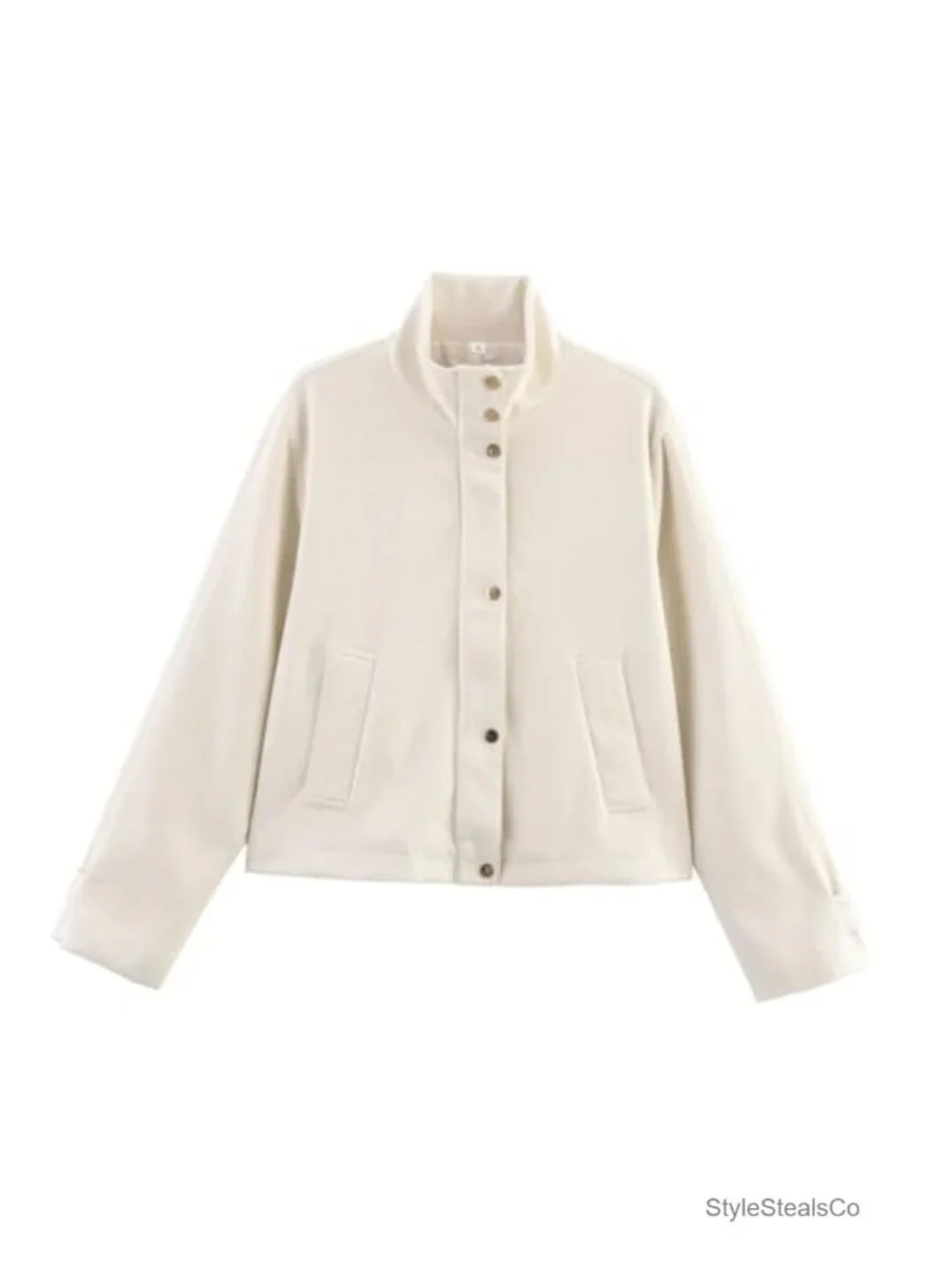 Faux Suede Cropped High Neck Utility Button Front Jacket Pockets